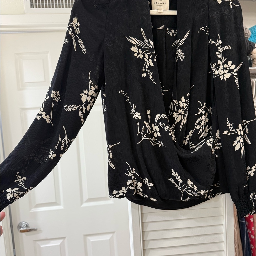 Sézane Black Floral Draped Blouse